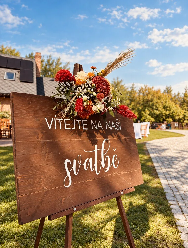 Dřevěná cedule vítající hosty na svatbě