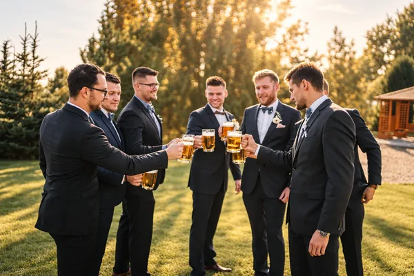 Ženich s kamarády při přípitku